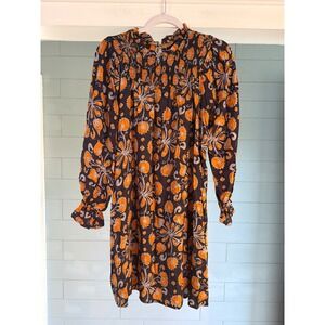 Porridge Clothing Orange Grey Floral Smocked Ruffle Mini Shift Dress Womens XS